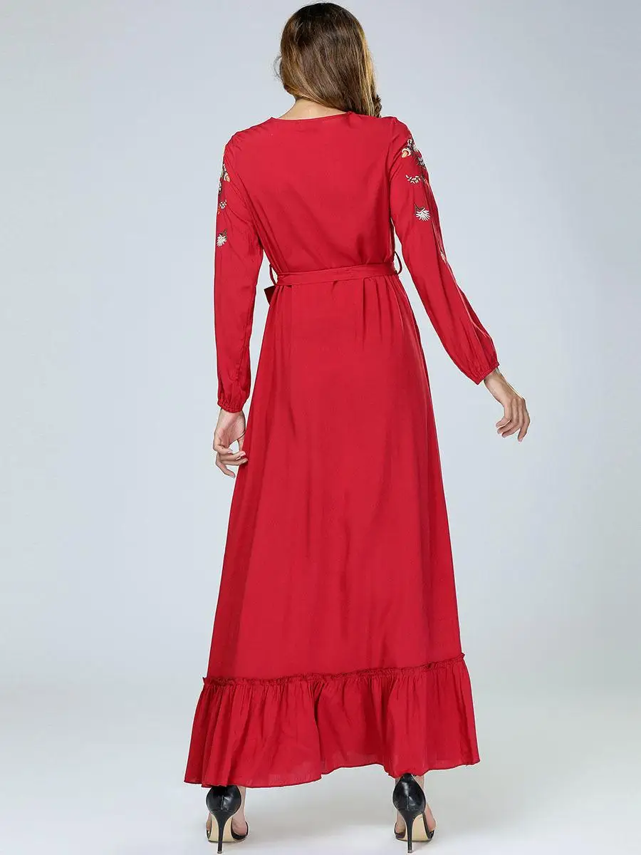 Женское платье Abaya с завязками Драпированное мусульманское ОАЭ Дубаи вышивкой