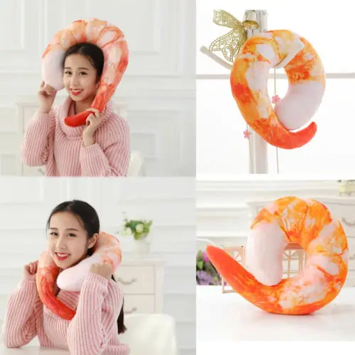 Creative 3D Shrimp U shaped Neck Pillow Lunch Prawn Pillow Travel