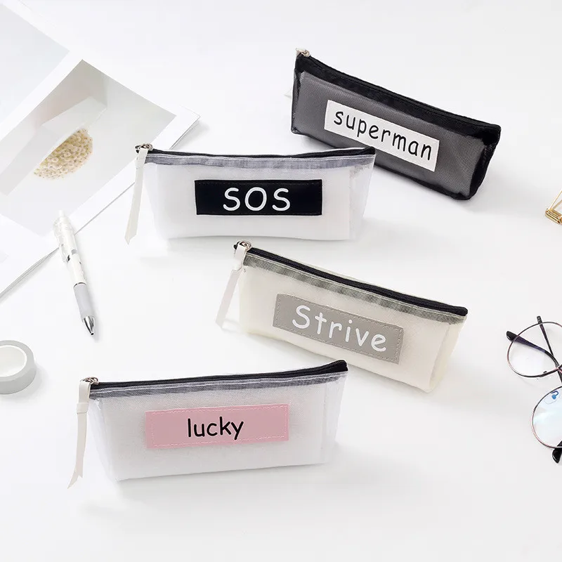 Cute Creative Simple Letter Lucky Mesh Clear Pencil Case Office School ...