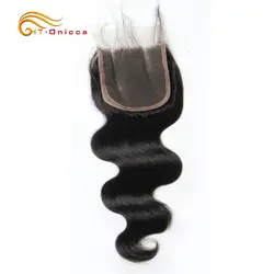 Перуанские волосы тела синтетические волосы волнистые 100% человеческих волос кружева закрытия 4X4 Свободный Средний три части с волосами