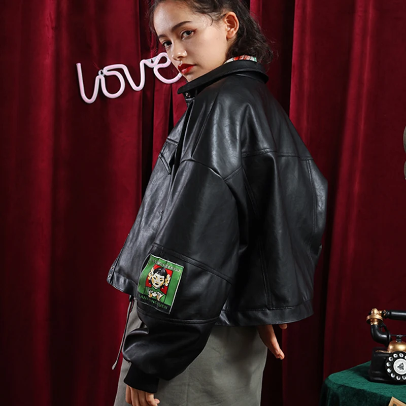 

Autumn Black PU Leather Bomber Jacket Women Vintage Print 2019 New Long Sleeve Fashion Short Basic Coat Plus Size Outerwear H196