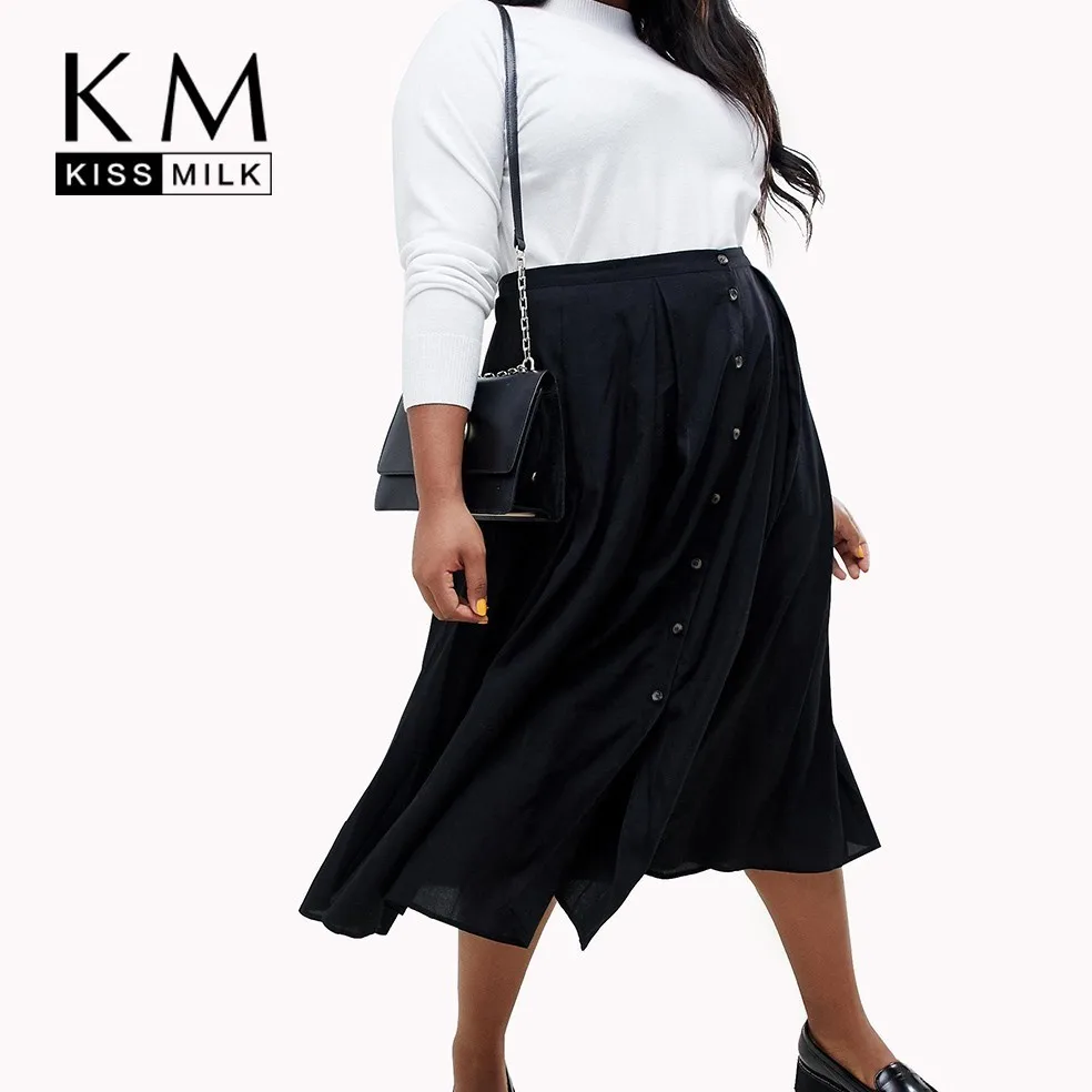 

Kissmilk Large Size Simple Commuter Solid Color Folds Practical Contrast Button Decoration Half Length Skirt