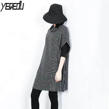 

#1061 Autumn Striped T Shirt Women High Street Tide Personality Woolen T Shirt Turtleneck Batwing Sleeve Streetwear Big Size