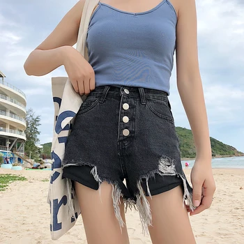 

Spring and summer hole burrs bull-puncher black denim shorts women tassel high waist summer shorts 2019 short jeans bottom