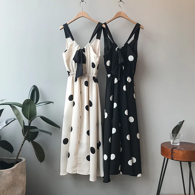 

Summer Porka Dot Strapless Tank Dress Back Bow A Line Elegant V Neck Women Long Dresses
