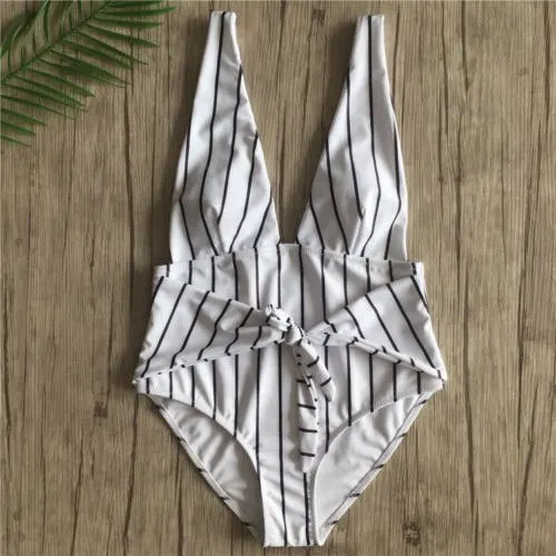 

2018 New Striped Bandage Backless Women One Piece Bikini Push Up Monokini Swimsuit Swimwear Bathing Suit