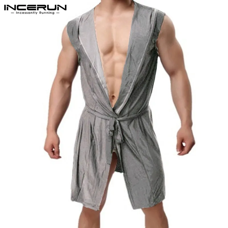 

INCERUN 2019 Men Robes Pajamas Hooded Sleeveless Lapel Neck Men Bathrobes Sleepwear Men Robe Kimono Homewear Nightwear Men S-5XL