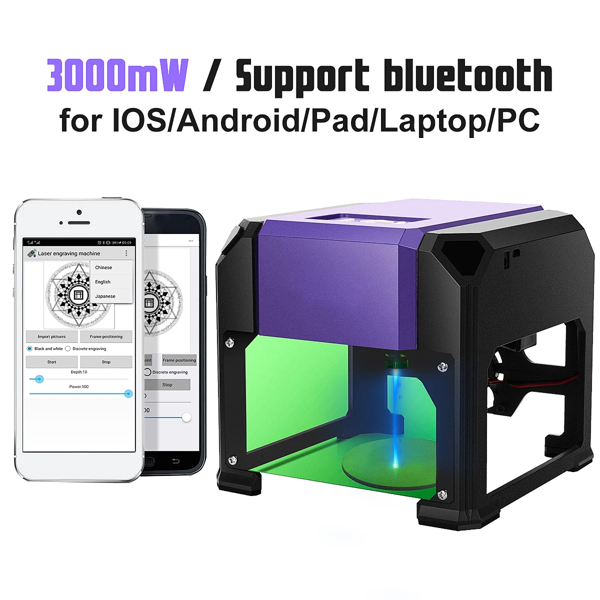 

Upgrade Bluetooth Mini 3000MW Purple DIY Engraver Desktop Wood Router/Cutter/Printer CNC Laser Engraving Machine AC 110-220V