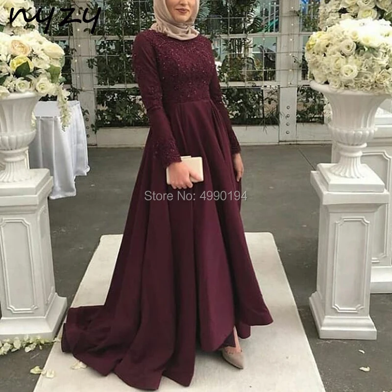 NYZY MW7 элегантное женское вечернее платье для мусульманских женщин хиджаб с длинными рукавами бордовое атласное платье Высокая Низкая элегантное Деловое платье вечерние платья