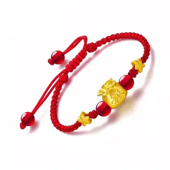 

Solid 24K Yellow Gold Bracelet Wealth Bag with 2 Star Red Lucky Bracelet