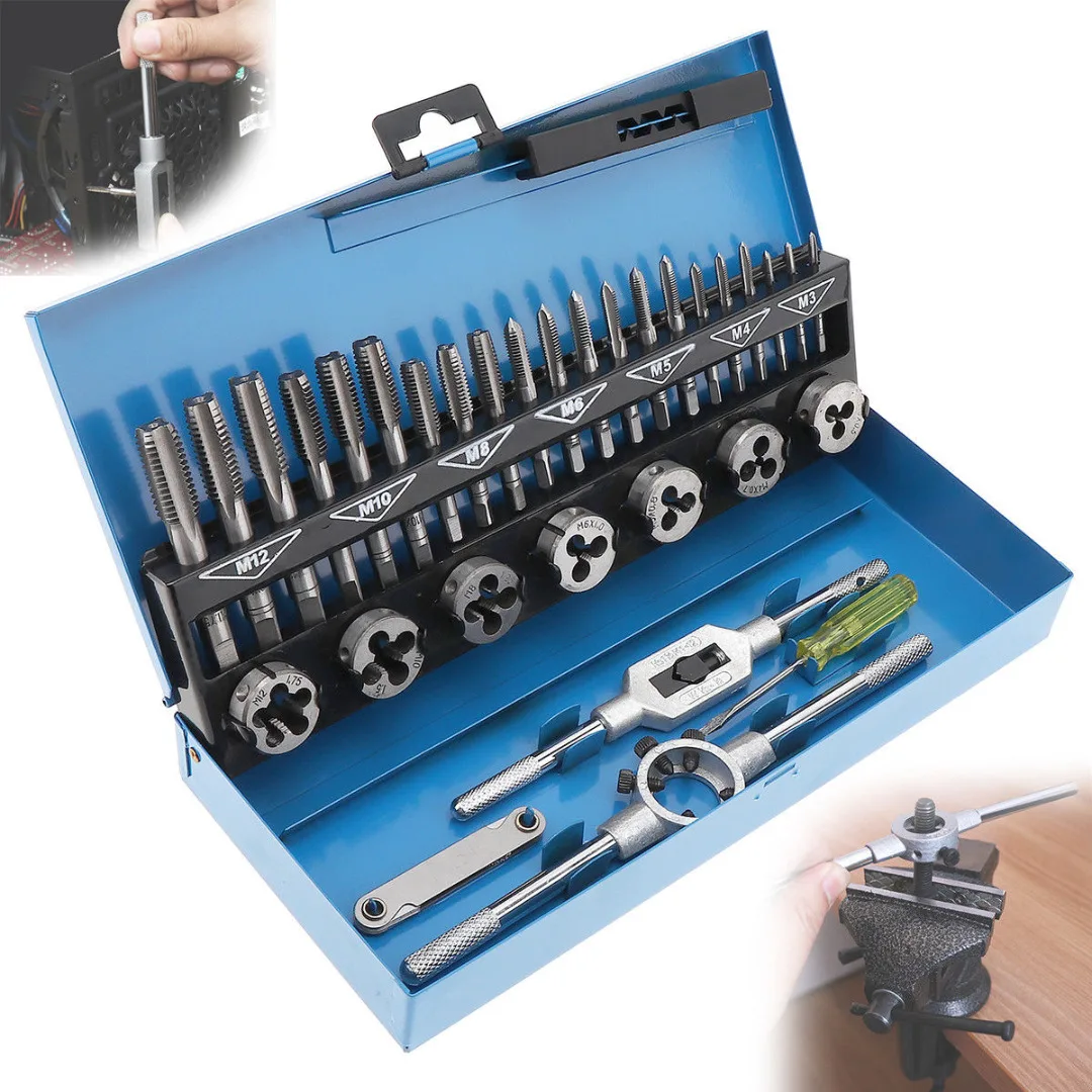 DWZ 32Pcs M3 M12 Metric Tap and Die Set Mechanic Die Tap Wrench Screw