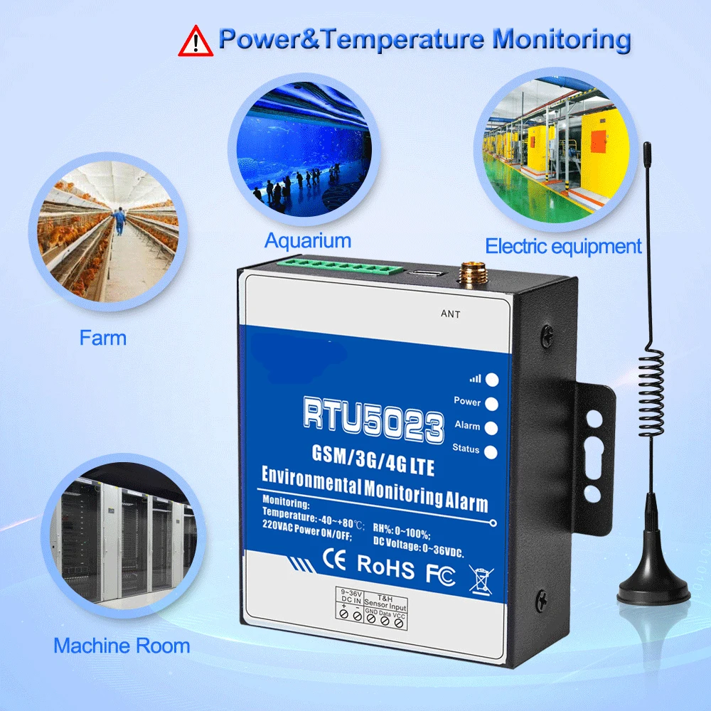 RTU5023 GSM Temperature Humidity Environment Alarm Power Situation SMS Alert Remote Monitoring DC Power Timer Report APP Control