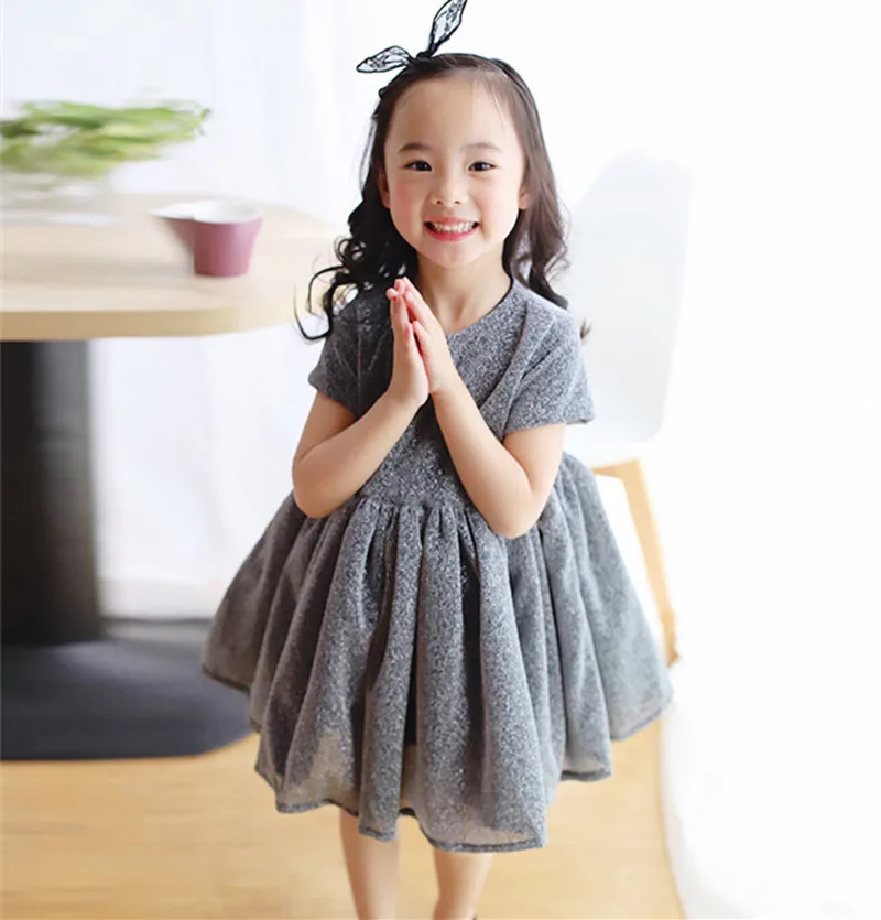 

2019 New Summer Bubble Cotton Mesh Dress for cute girls kids Silvery Pink Color O-neck Evening Dress 2 3 4 5Years