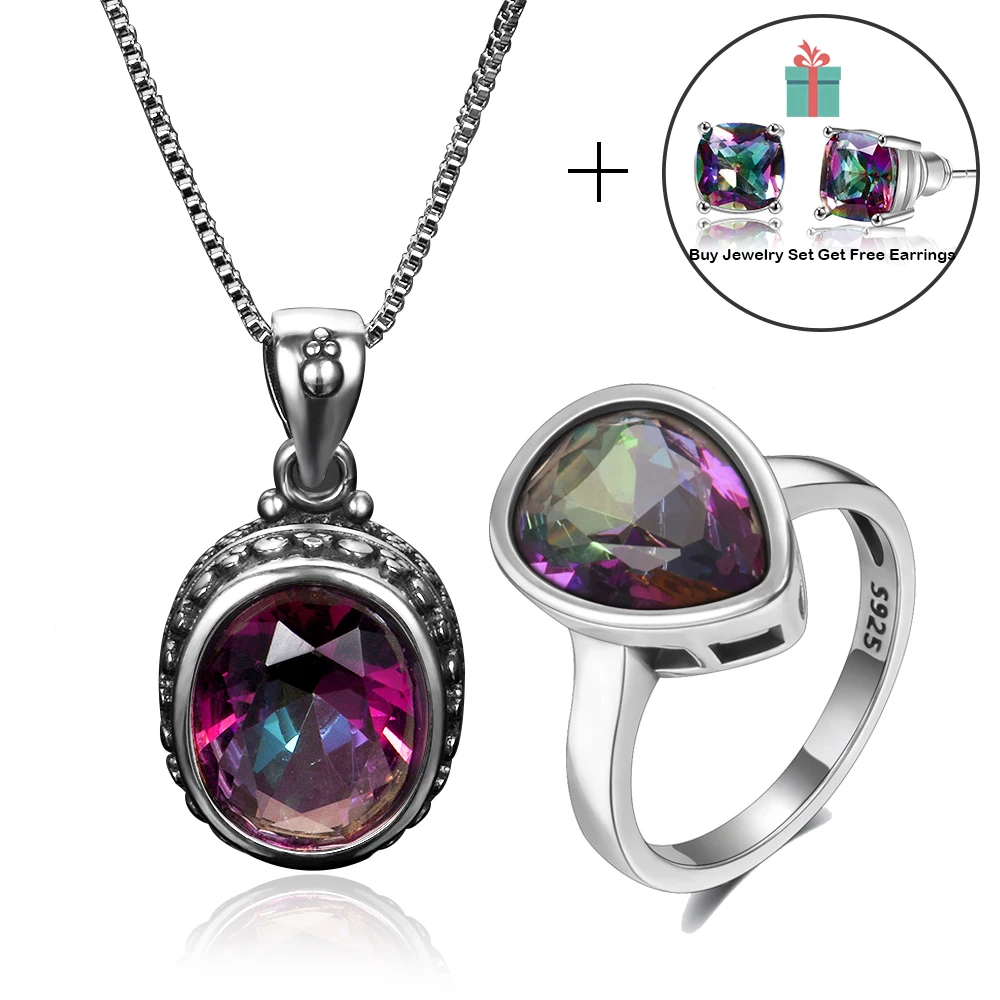 

Solid 925 Silver Jewelry Sets With Mystic Rainbow Stone New Design Topaz Pendant Necklace Ring Earrings Jewelry Set Wholesale