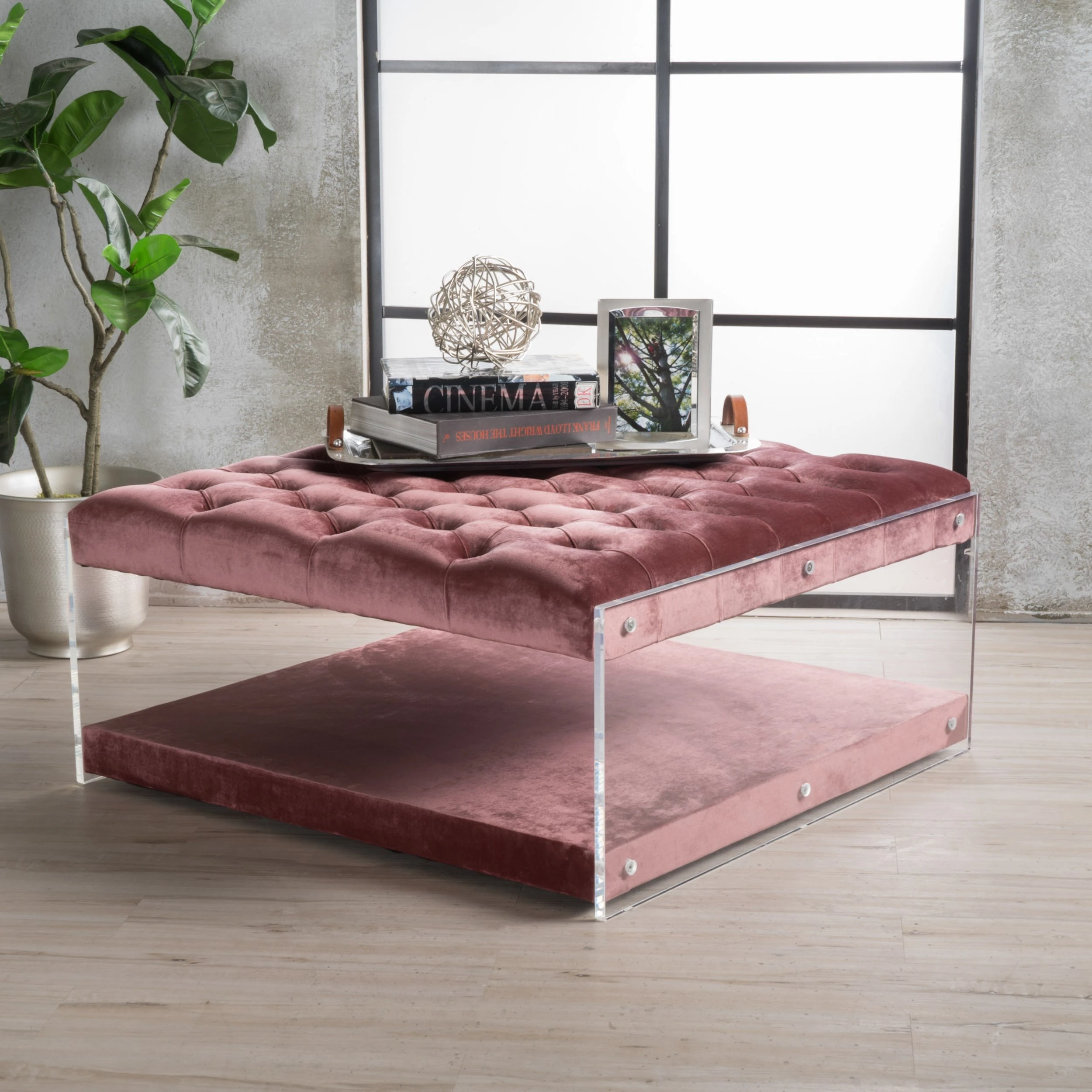 Magellan Clear Acrylic Tufted Cover New Velvet OttomanStools