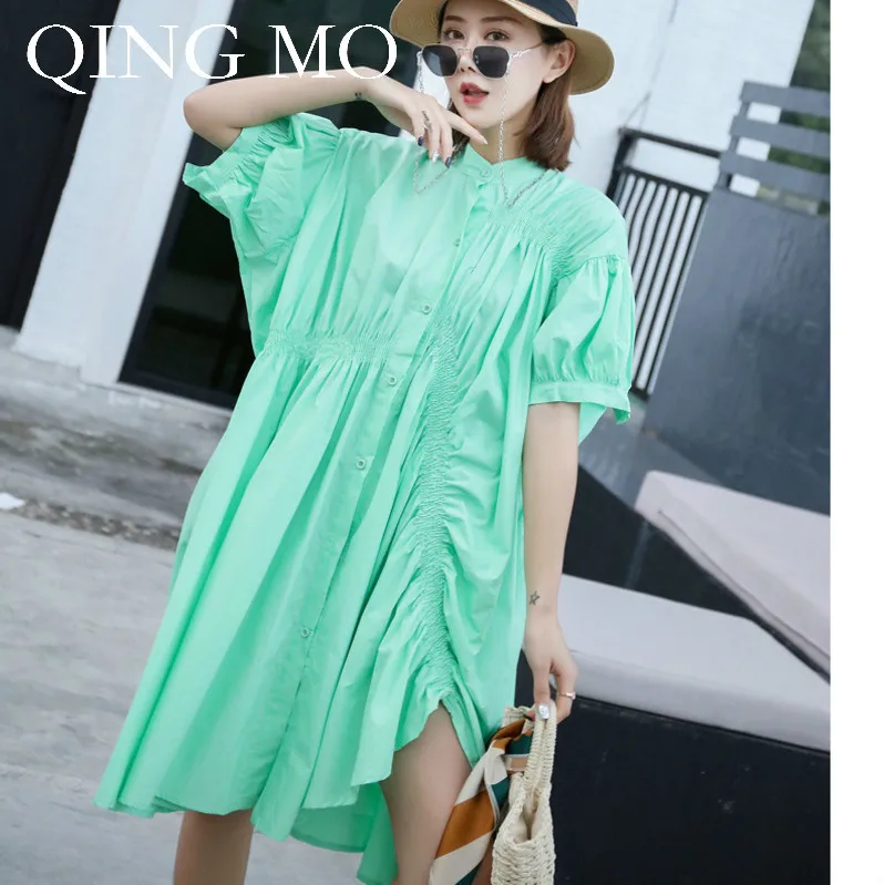 

QING MO Women Black Green Solid Dress Women Summer Stand Neckline Dress Women Casual Mid-Calf Dress 2019 Fashion ZQY488