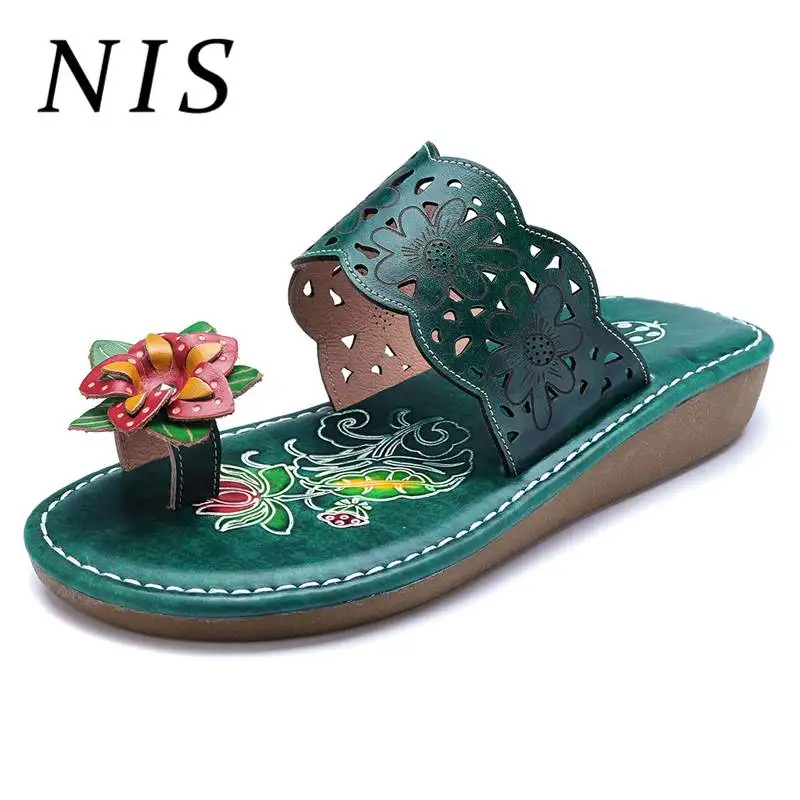 

NIS Bohemian Leather Slides Slippers Women Vintage Handmade Flower Hollow-out Flat Heel Beach Slippers Summer Shoes Woman New