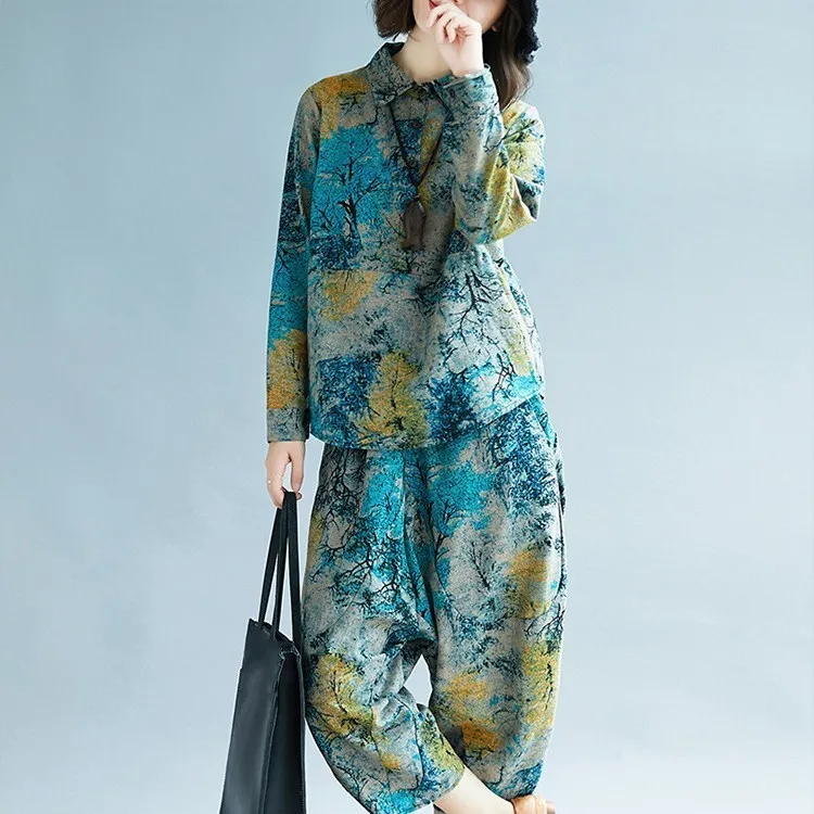 

New Arrival Female Casual Floral Print Loose Sets Spring Autumn Long Sleeve Ankle-Length Pants Two Piece Suits
