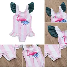 Детский купальник в розовую и белую полоску с принтом Фламинго; XH1462PK; детские купальные костюмы в белую и белую полоску с милым сердцем