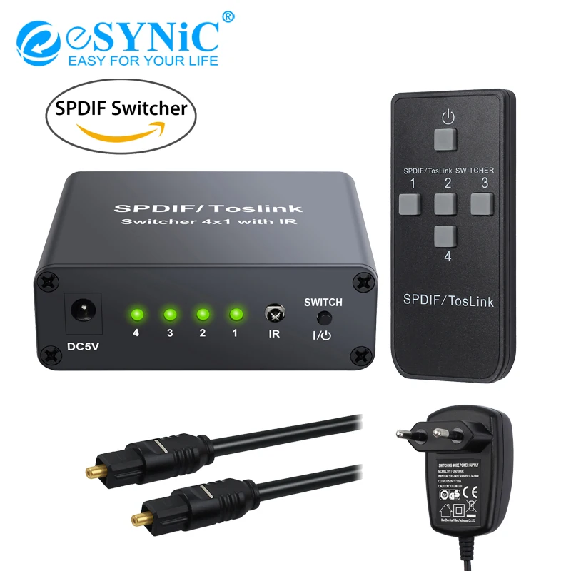 

Esynic Aluminum Alloy 4 Port Toslink Switch Digital Optical Audio Switcher With IR Remote Control Support PCM2.0 DTS Dolby-AC3