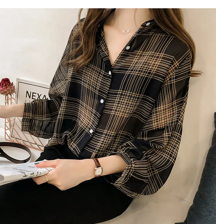 

Women Autumn Casual Long Sleeve Plaid Blouses Ladies Button V-Neck Loose Shirt Tops Plus Size