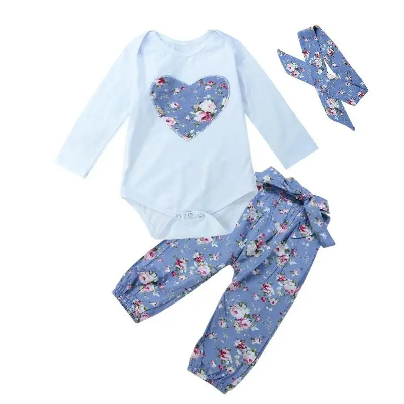 

3pcs/set Newborn Baby Long Sleeve Cute Heart Embroidery Rompers Pants Headband Heart Printed Infant Baby Clothing Birthday Gift