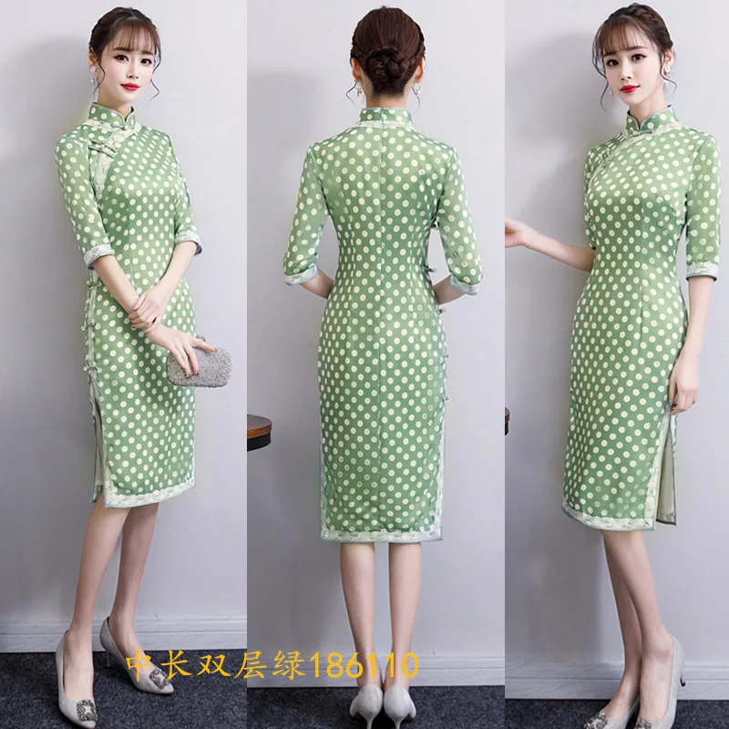 Модное зеленое кружевное платье Cheongsam современное длинное двухслойное Qi Pao