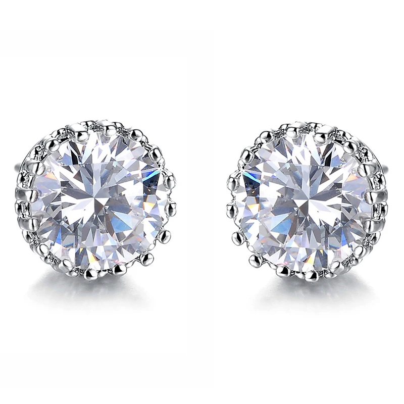 

Hot Sale Stud Earring Valentines Gift Zircon Silver Clear High Quality Gifts 8mm Beautiful Crown Exquesite Golden Crystal 1Pair