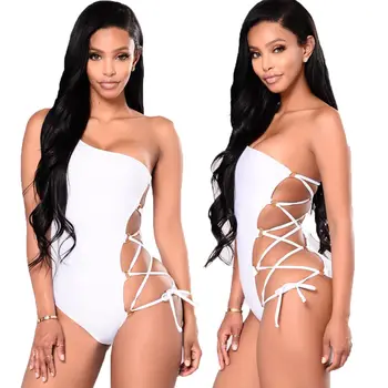 

Women Swimsuit Bathing One Piece Beach 2019 Summer Sleeveless Bandage Rompers Sunsuit Playsuit Clothes