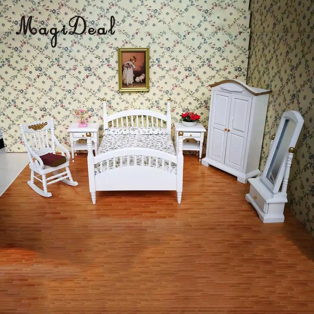 

European 1/12 White Wooden Bed Wardrobe Chair Table Mirror Model Furniture for Dolls House Bedroom Decor Accessories 10 Pieces