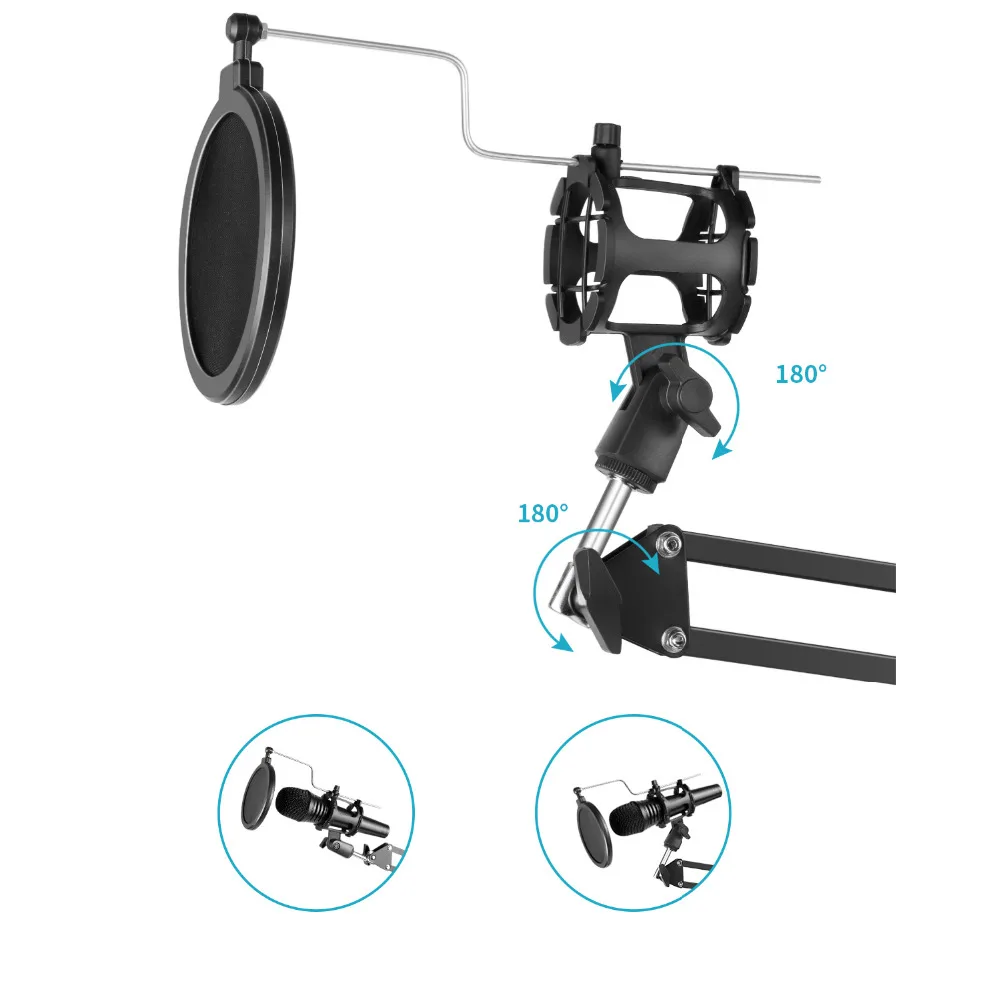 Online Einstellbare Aufnahme Mikrofon Suspension Boom Scissor Arm Stehen + Mic Wind für Pops Filter + Shock Mount + Telefon Halter schwarz