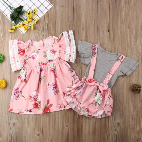 

2019 Summer Toddler Baby Girl Floral Dress Infant Flying Sleeves Pink Romper Overall Tops Bib Shorts Cute Set