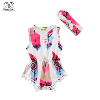 

2018 Print Newborn Infant Baby Girl Clothing Cotton Bodysuits Sleeveless Jumpsuit Kids Clothes Bodysuit Headbands Outfits