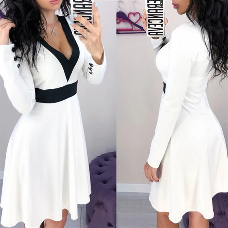 

New Autumn Dress Casual Womens Holiday Long Sleeve Black Striped Elastic Pleated dress Ladies V Neck Party Mini Dress