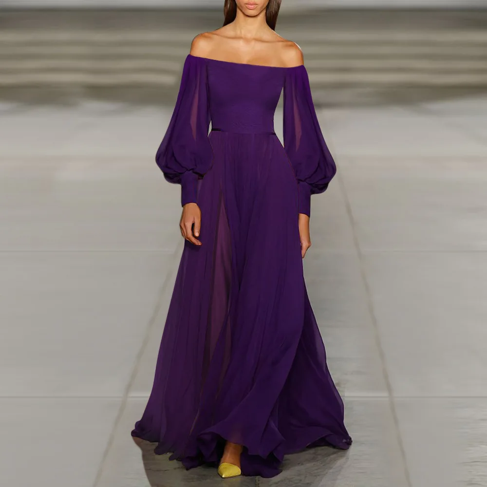 

Plus Size Women Slash Neck Sexy Long Beach Bohemian Chiffon Dress 2019 Summer Runway Purple Lantern Sleeve Party Maxi Dress 3XL