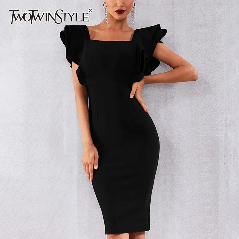 

TWOTWINSTYLE Solid Slim Women Dress Sleeveless Ruffles Square Collar High Waist Knee Length Dresses Female Vintage Fashion 2019