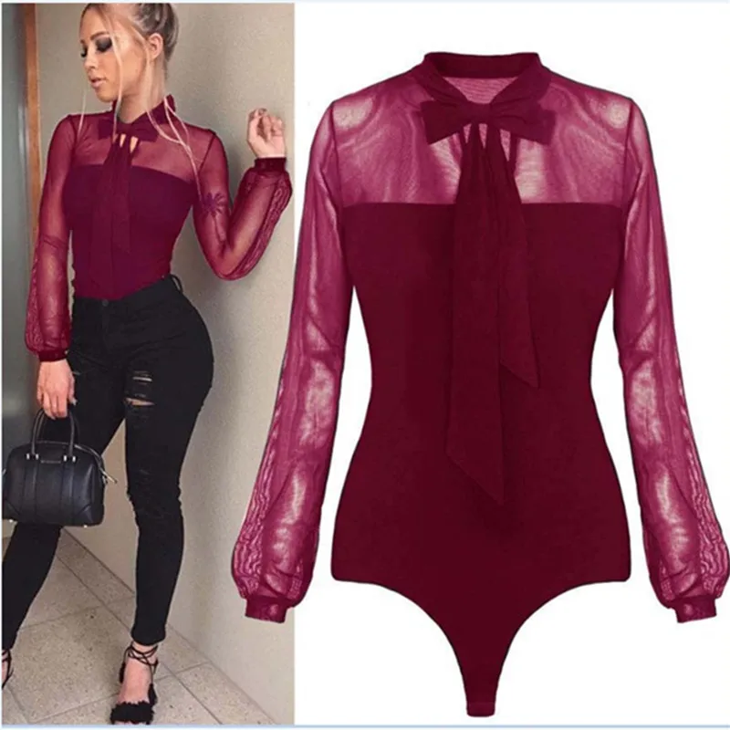 

New Summer Fashion Women Bowtie Bodysuit Sexy Lace Rompers Red Mock Neck Long Sleeve See Through Mesh Jumpsuits for women 2019