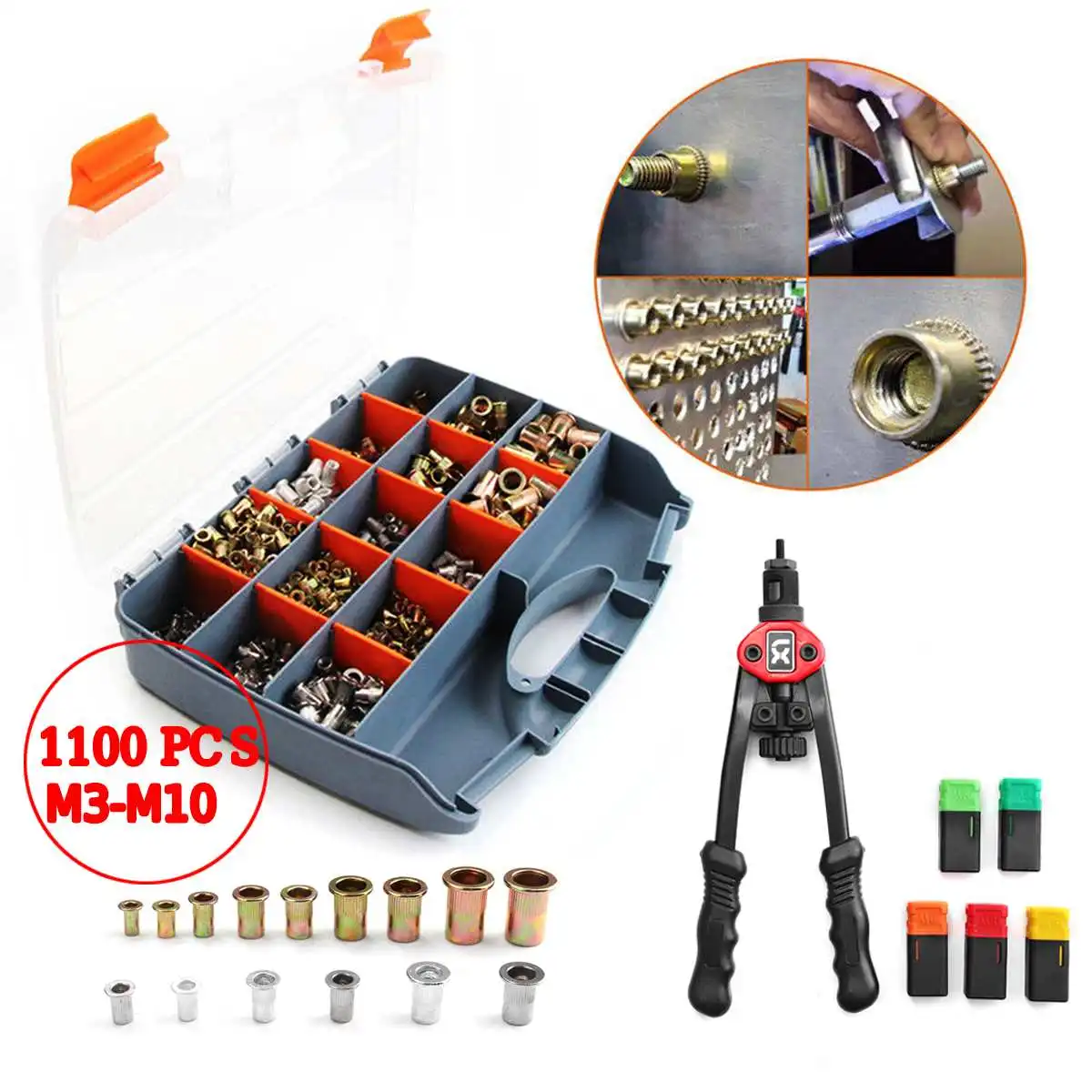 

doersupp 1100Pcs/set Nutsert Tool Kit M3 M4 M5 M6 M8 M10 Stainless Steel Aluminum Riveter Nut Guns Insert Tool Kit