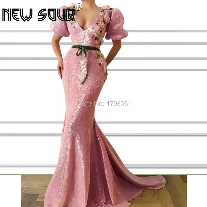 

African Glitter Prom Dress V neck Mermaid Party Gown New Arrival Handmade 2019 Pink Long Evening Dresses Saudi Arabia Prom Dress