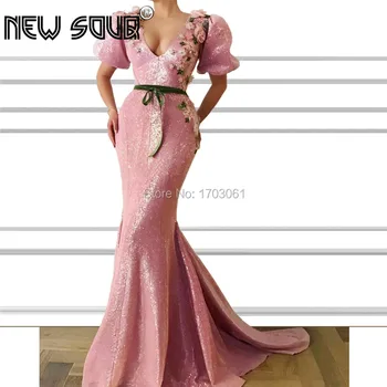 

African Glitter Prom Dress V neck Mermaid Party Gown New Arrival Handmade 2019 Pink Long Evening Dresses Saudi Arabia Prom Dress