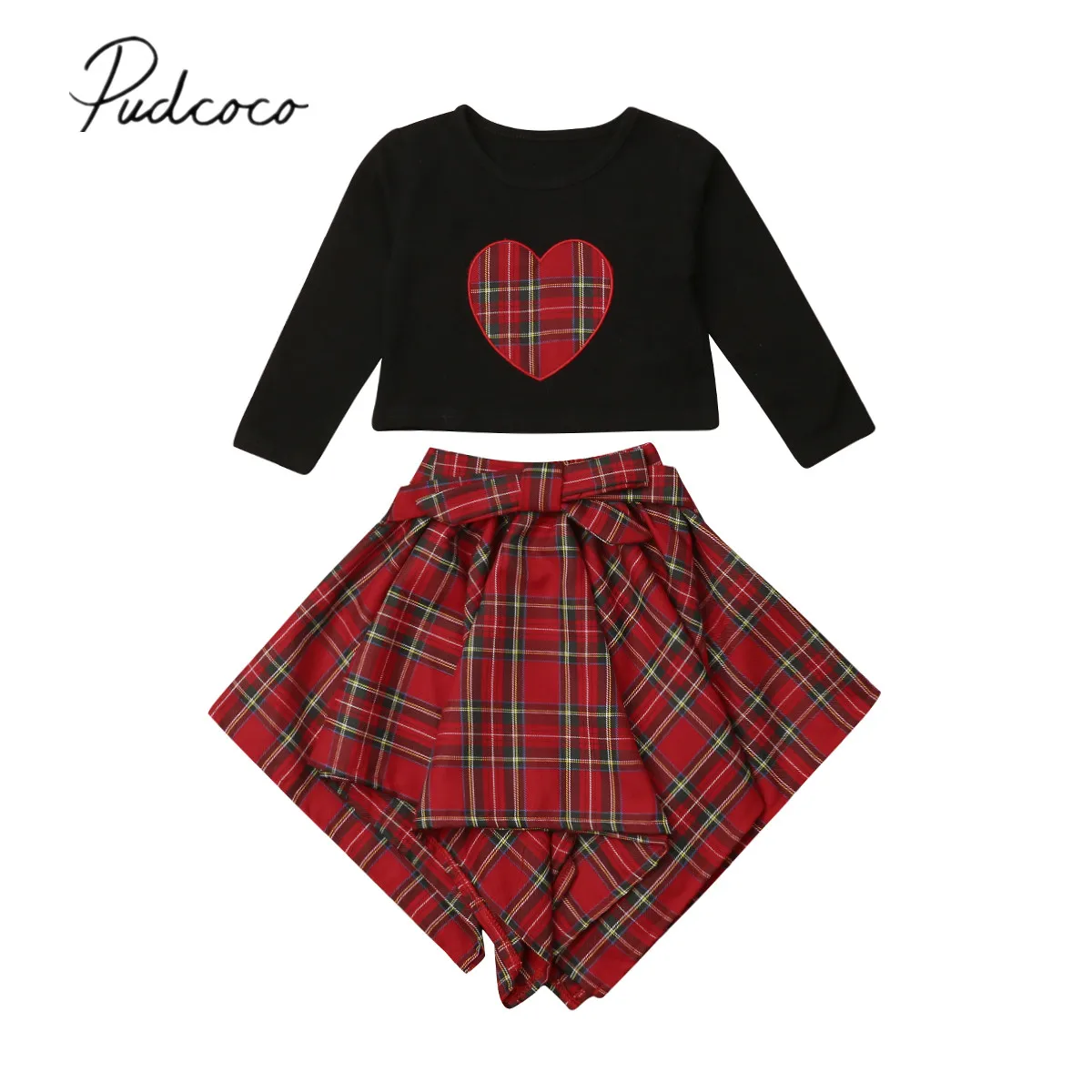 

2018 Brand New Infant Kids Baby Girls Checket Clothes Heart T-shirt Tops Irregular Skirts 2Pcs Paid Autumn Girls Clothes 1-6T