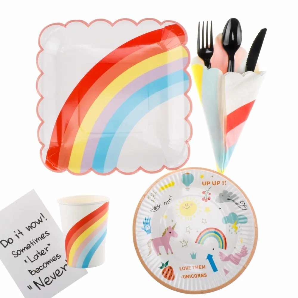 

90Pcs New Year Unicorn Party Cartoon Rainbow Disposable Tableware Set Straws Cake Plates Cups Napkins Birthday Party Decorations