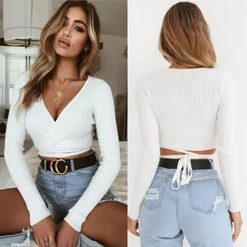 

Hirigin Women Summer Long Sleeve V-Neck Floral Bandage Shirt Blouse Tops Loose Casual Tee TOP White/Black/Pink Available