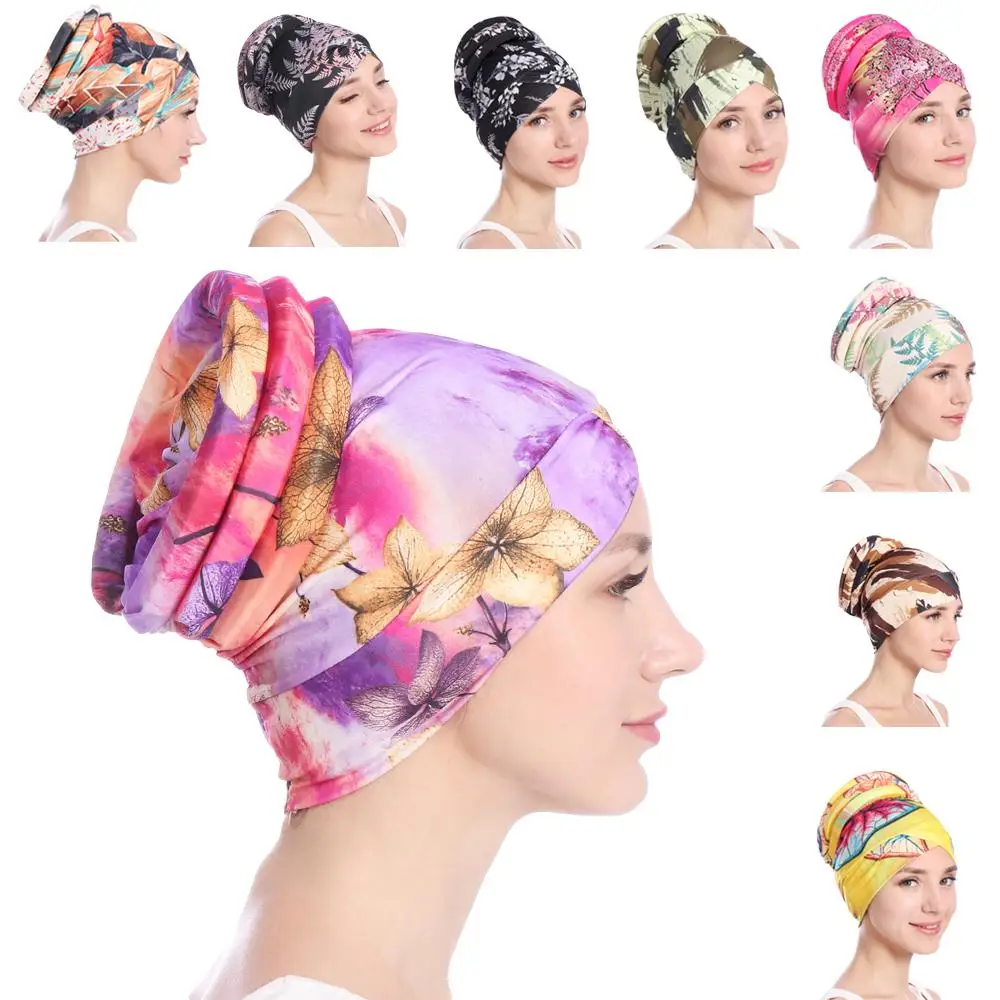 

Fashion Women Muslim Hair Loss Cap Flower Print Islamic Islam Turban Head Wrap Cover Cancer Hat Chemo Cap Bonnet Beanie Skullies