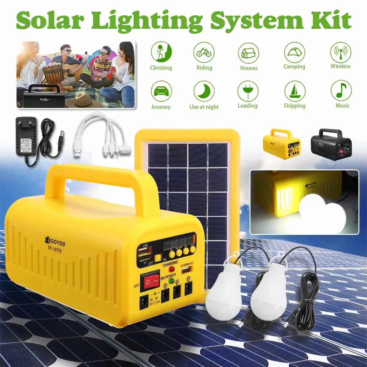 

Portable Solar Panel System 3W 6V Solar Battery Charger +4500mAh Generator +2* LED Light 5V USB Charger Lighting Radio Music