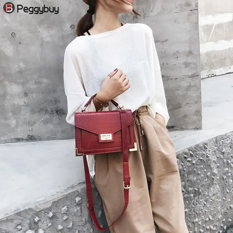 

Vintage Alligator Square Leather Women Crossbody Bag Lock Shoulder Messenger Bags PU Leathe Flap Top Handle Handbag