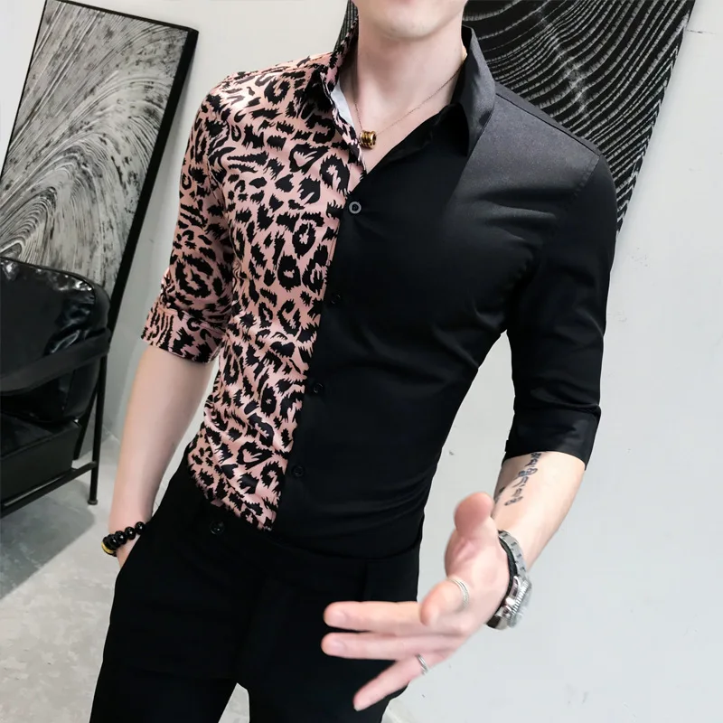 2019 الرجال القمصان عارضة صالح سليم نصف كم قميص ليوبارد خليط Camisa الغمد الاجتماعي عالية الجودة النادي الليلي العمل قميص