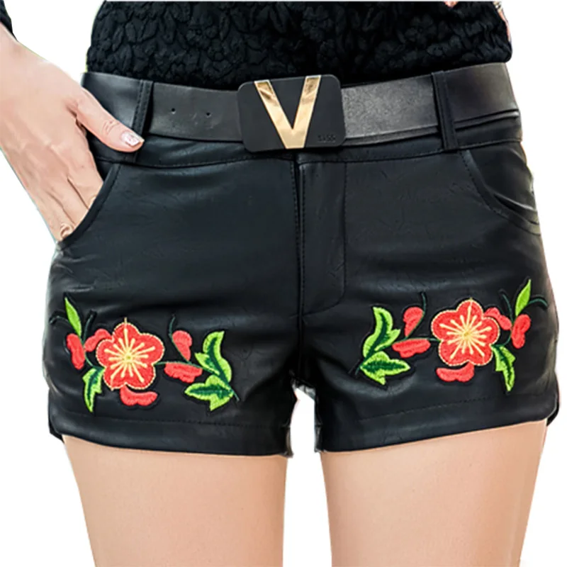 

Vintage Korean Mid waist Shorts Feminine Sexy Flower Embroidery Slim Tight PU shorts Autumn Casual Leather Shorts Women