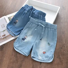 Хлопковые джинсовые шорты для маленьких девочек модные детские шорты с милой вышивкой,, много объемный для одежды, популярные штаны с бантом для девочек