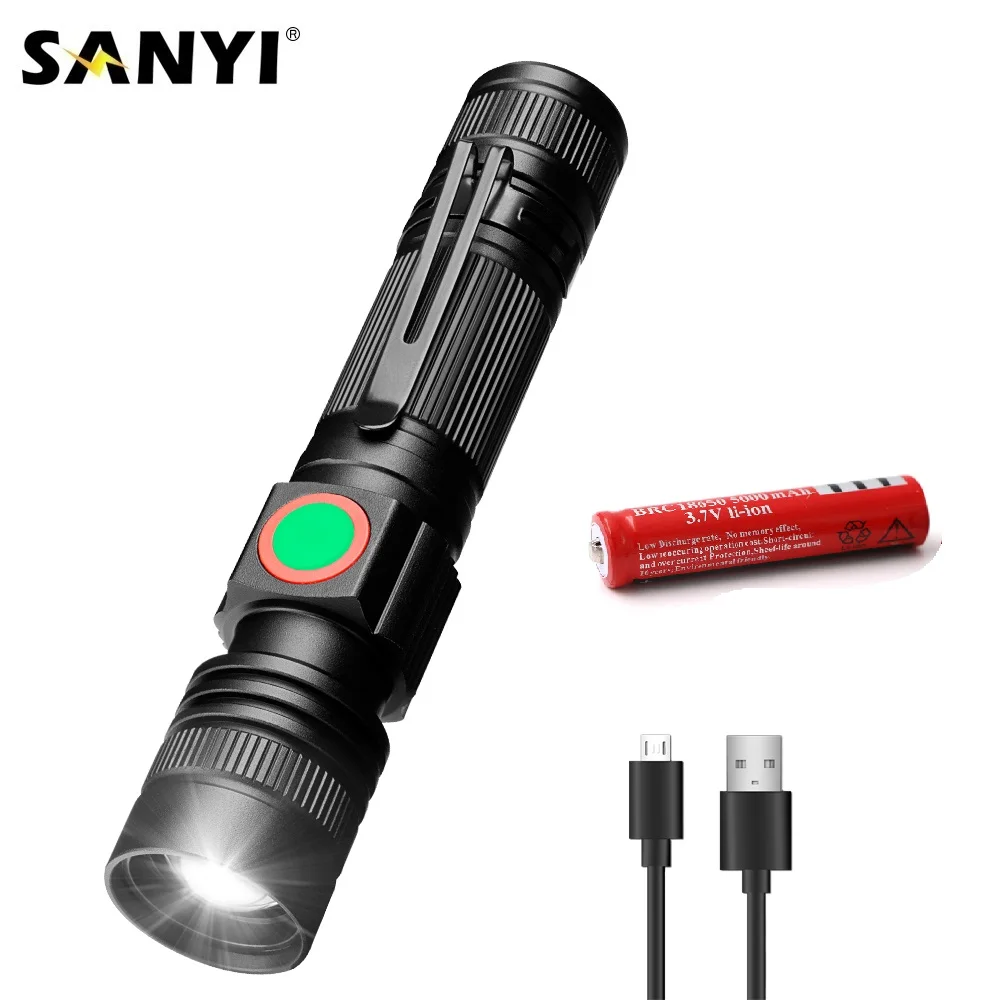 Светодиодный фонарик Sanyi перезаряжаемый через USB мощный XML T6 светодиодный с 3